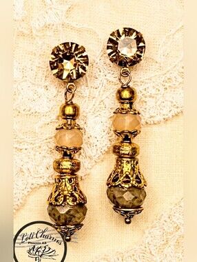 Victorian Champagne Apricot Crystal & Glass In Filligree Gold Plated Earrings